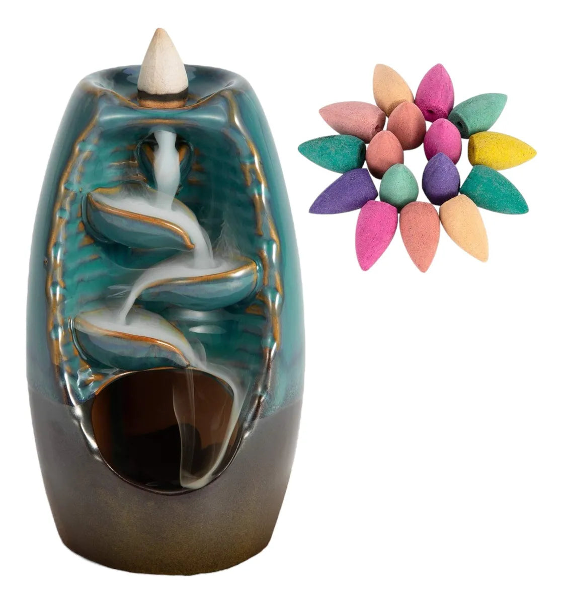 Cascada Soporte Quemador De Incienso De Porcelana + 15 Conos Azul Petróleo
