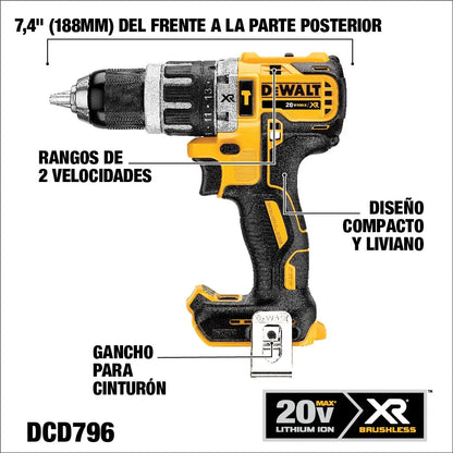 Taladro percutor atornillador inalámbrico de 13mm DeWalt DCD796P1 + 1 batería de 5Ah + accesorio con maletín de transporte