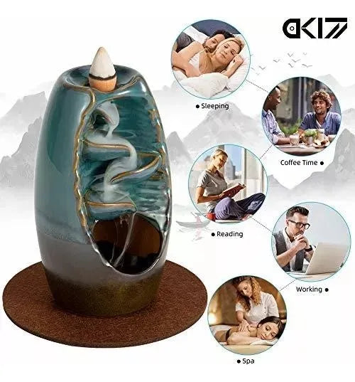 Cascada Soporte Quemador De Incienso De Porcelana + 15 Conos Azul Petróleo