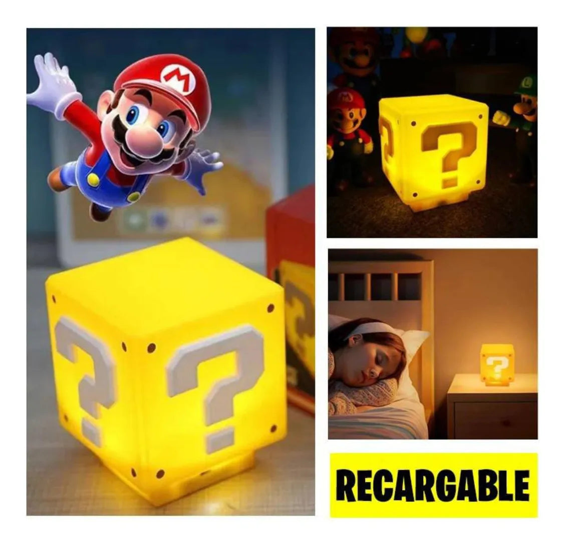 Lampara Cubo Mario Bros Con Luz Led Y Sonido Carga Usb Estructura Amarillo