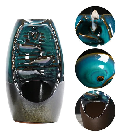 Cascada Soporte Quemador De Incienso De Porcelana + 15 Conos Azul Petróleo