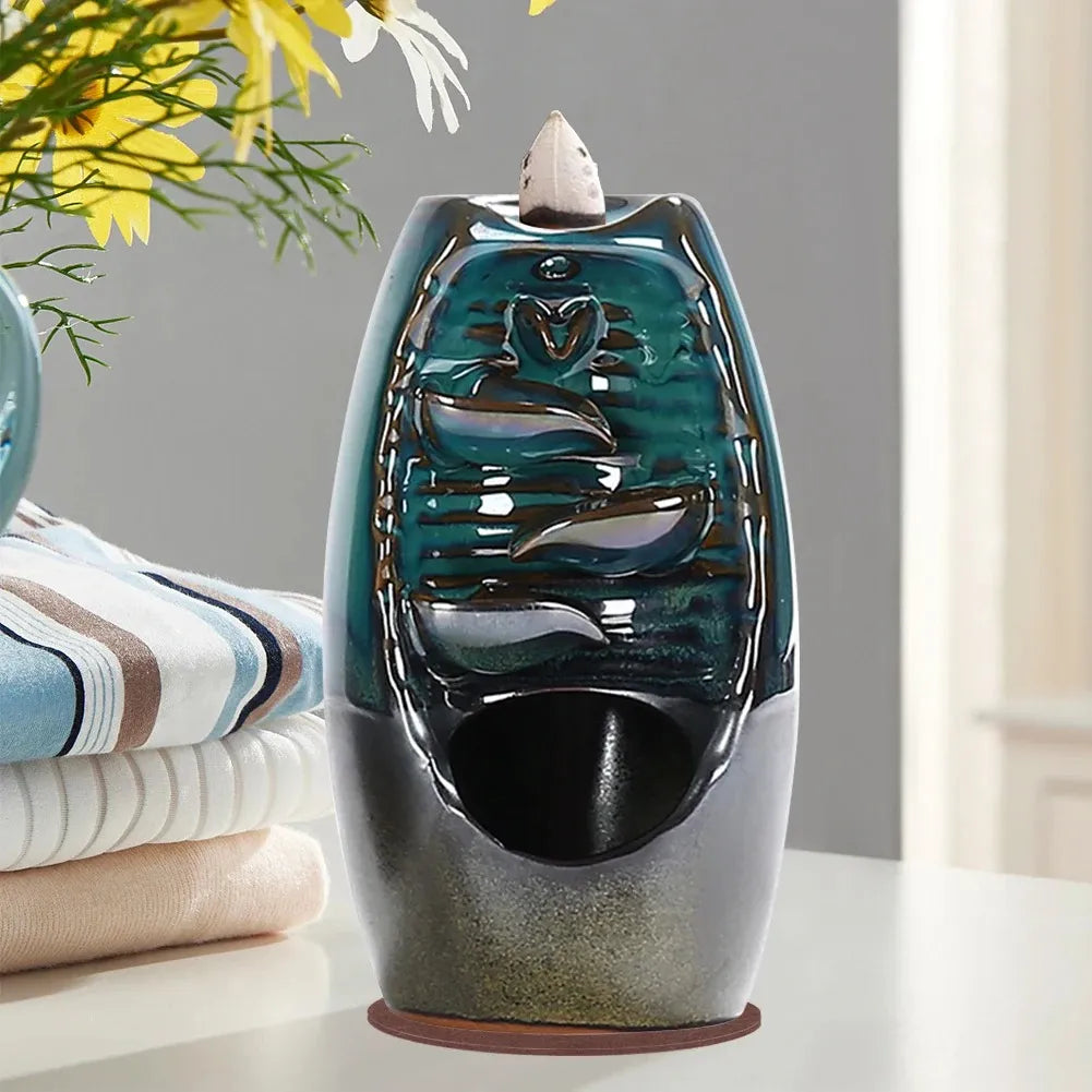 Cascada Soporte Quemador De Incienso De Porcelana + 15 Conos Azul Petróleo